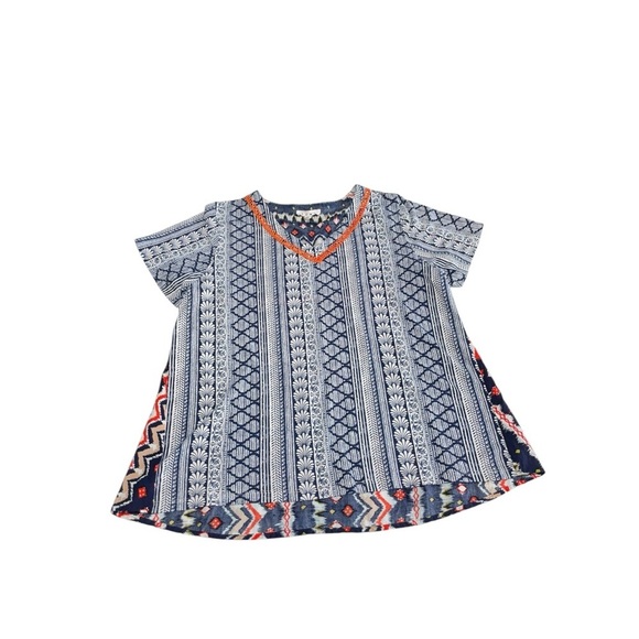THML blue Aztec print embroidered neckline multicolor top size L - Picture 4 of 10
